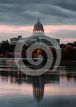 Vertical shot of Jefferson City state capital and the Missouri River in Missouri, United States