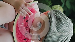 Vertical shot. Kid eating watermelon outdoors. Summer fruits