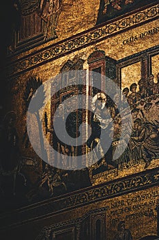 Vertical shot of the last supper, Mosaic details from the basilica of Monreale, Palermo Italy