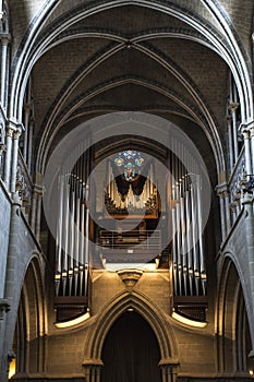 Vertical shot of LausanneÂ´s Cathedral Pipe Organ.