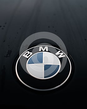 Vertical shot of a logo of BMW X4M on a rainy day