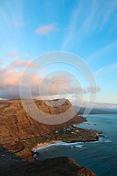 Vertical shot of Makapuu Lookout under colorful dusk sky in Oahu Island, Hawaii