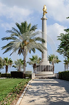 Vertical shot of the Maltese Falcon on the head of war memorial monument, Valletta, Malta