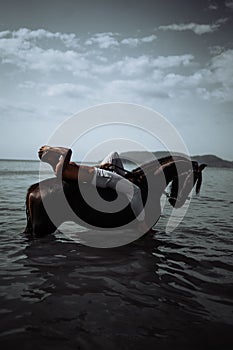 Vertical shot of the man on a black horse in the water against the background of the sky.