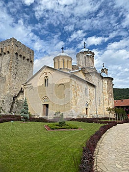 Vertical shot of Manasija Monastery near Despotovac, Serbia photo