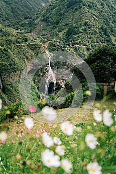 Vertical shot of Manto de la Novia waterfall in spring photo