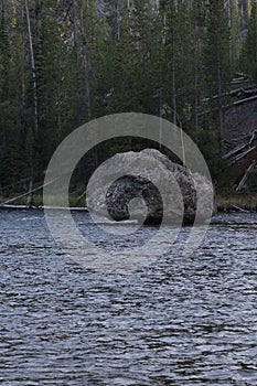 Vertical shot of a massive rock on a river with a background of trees