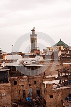 Vertical shot of the medieval buildings in the Fez city, Morocco