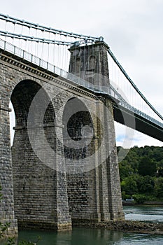 Vertical shot of Menai Suspension Bridge, Bangor, North Wales, UK