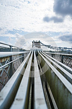 Vertical shot of metal parts of the Menai Suspension Bridge. Anglesey, Wales.