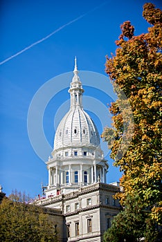 Vertical shot of the Michigan capital buildings with a blue sky in the background