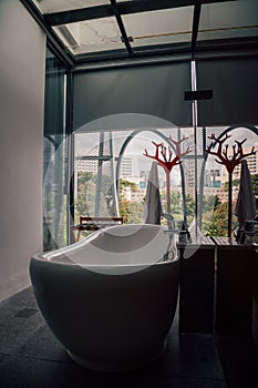 Vertical shot of a modern bathroom interior