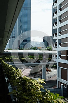 Vertical shot of modern office buildings in Hong Kong.