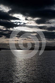 Vertical shot of a moody dark sky over the water in Edsviken, Stockholm, Sweden