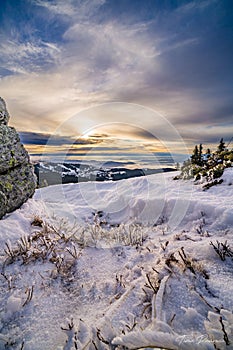 Vertical shot of mountains covered in snow at sunset, Kopaonik, Serbia