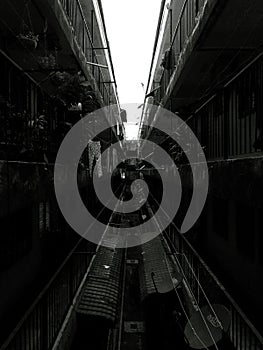 Vertical shot of a narrow street between two houses with balconies and plants. Black and white