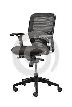 Vertical shot of an office chair with adjustable armrests on an isolated background