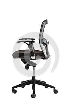 Vertical shot of an office chair with adjustable armrests on an isolated background