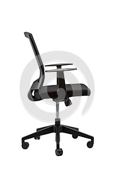 Vertical shot of an office chair with adjustable armrests on an isolated background