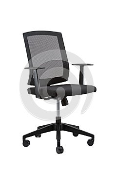 Vertical shot of an office chair with adjustable armrests on an isolated background