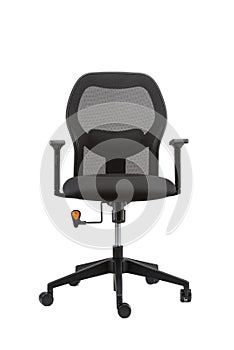 Vertical shot of an office chair with adjustable armrests on an isolated background