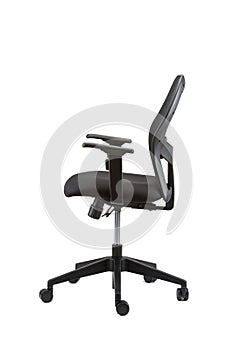 Vertical shot of an office chair with adjustable armrests on an isolated background