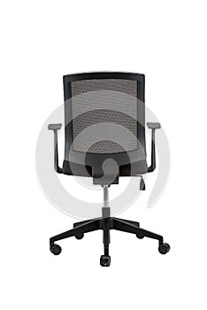 Vertical shot of an office chair with adjustable armrests on an isolated background