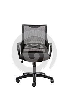 Vertical shot of an office chair with adjustable armrests on an isolated background