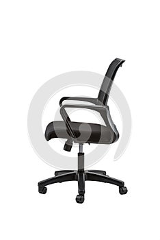 Vertical shot of an office chair with adjustable armrests on an isolated background