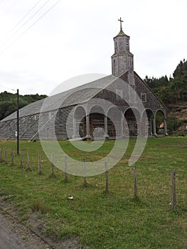 Vertical shot of old Achao church in Chiloe, Chile