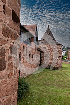 Vertical shot of the old city wall with defense tower of Buedingen in the Wetterau district Germany