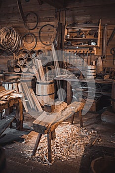 Vertical shot of an old rustic wood workshop with antique tools