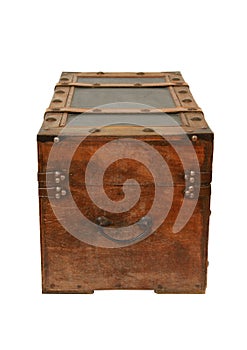 Vertical shot of an old vintage trunk isolated on a white background