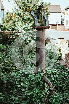Vertical shot of an old water pump in a garden