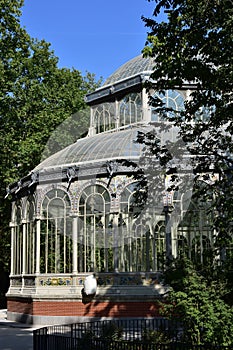 Vertical shot of the Palacio de Cristal ("Glass Palace")  in the Buen Retiro Park, Madrid, Spain