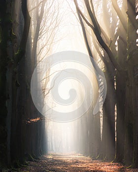 Vertical shot of a pathway in the middle of leafless trees with the sun shining through the fog