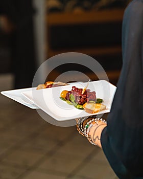Vertical shot of a person holding a plate of beef tartare against the isolated background photo