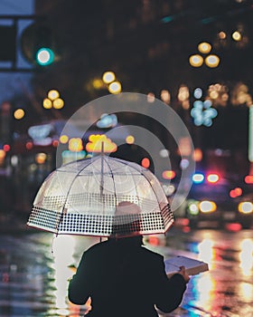 Vertical shot of a person standing under an umbrella on a rainy day