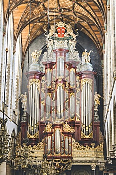 Vertical shot of pipe organ in the Grote Kerk in Haarlem, Netherland