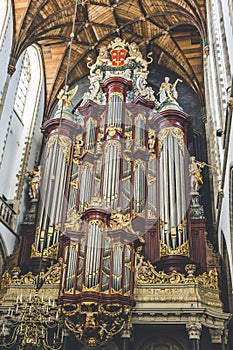 Vertical shot of pipe organ in the Grote Kerk in Haarlem, Netherland