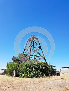 Vertical shot of a poppet head at the historical mine site in Bendigo, Victoria, Australia