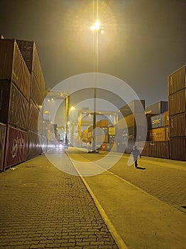 Vertical shot of the Port of Chittagong in Bangladesh at night
