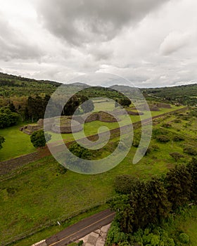 Vertical shot of the prehistoric Tzintzuntzan town in Mexico on a gloomy day