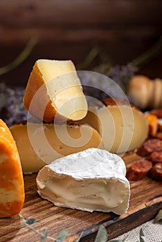Vertical shot of Provolone del Monaco, Neuchatel and Colby cheese on a wooden board