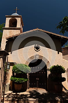 Vertical shot of a Pueblo-style Catholic Church in Sedona, Arizona, USA.