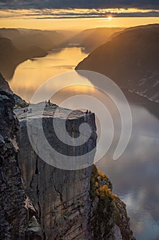 Vertical shot of the Pulpit Rock and Lysefjorden during the sunset in Norway