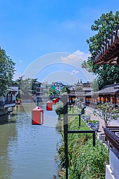 Vertical shot of the Qinhuai river passing through the city of Nanjing