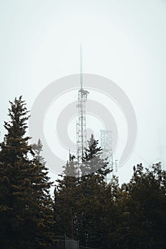 Vertical shot of a radio tower covered in fog in Sandia Mountain New Mexico with a forest around