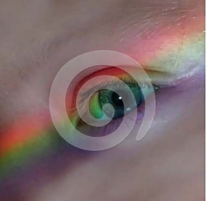 Vertical shot of the real rainbow on a blue female eye - seeing the world in color concept