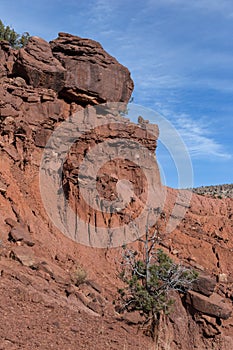 Vertical shot of red rock formation and side of cliff in rural New Mexico